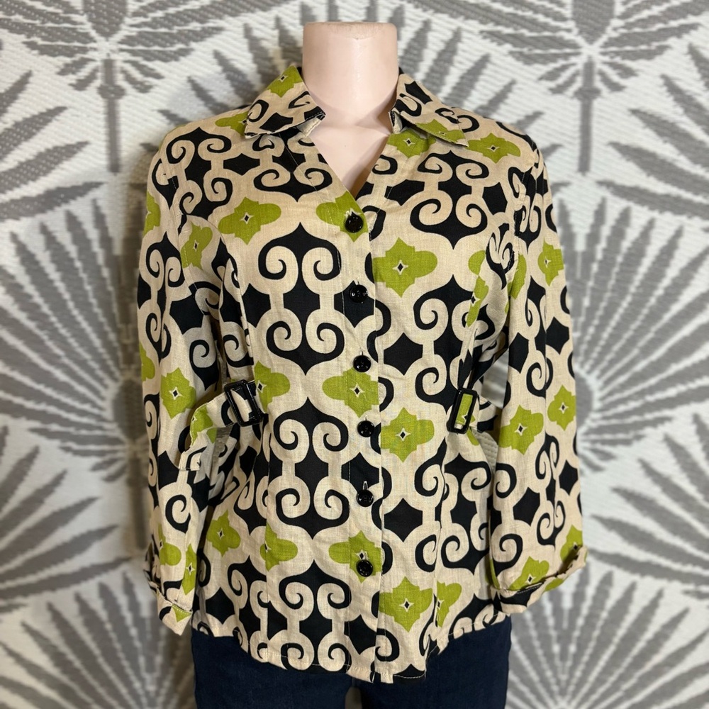 Susan Bristol 100% Linen Geometric Button Up Blouse Green Black Size size L